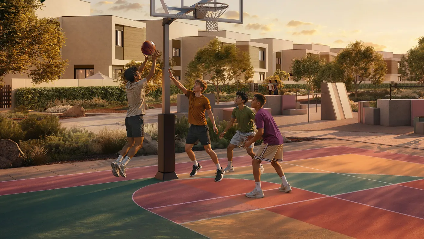 Teenagers playing basketball on the multi-sports court at golden hour