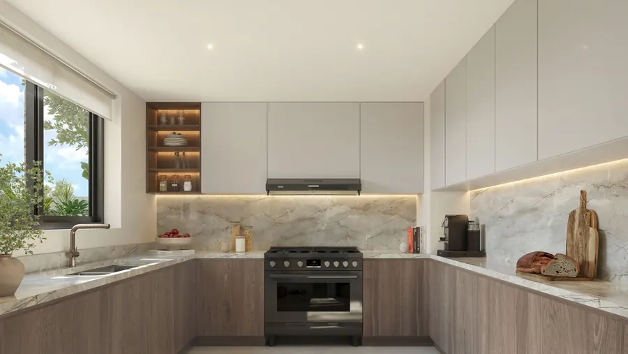 Dark scheme kitchen with veined stone backsplash