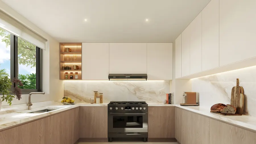 Light scheme kitchen with timber-look lower cabinets