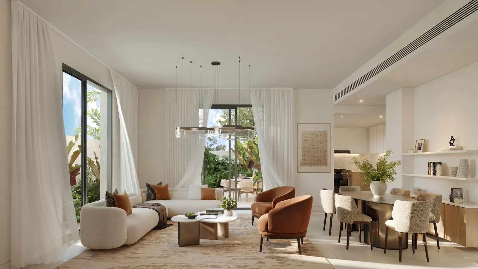 Light scheme living and dining room with sheer curtains and garden views